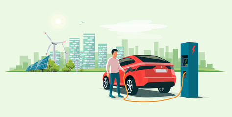 Modern electric suv car charging at the charger station with a young man holding the cable. Wind turbines and solar panels with urban landscape in background. Flat vector illustration concept. 