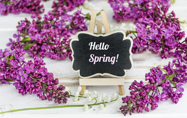 Lilac  Flowers and  Hello Spring Text