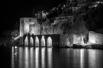 castle in Alanya Black and white at night