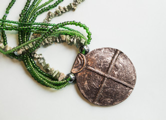 African fashion traditional ethnic beads jewelry necklace with metal buckle in green tint.