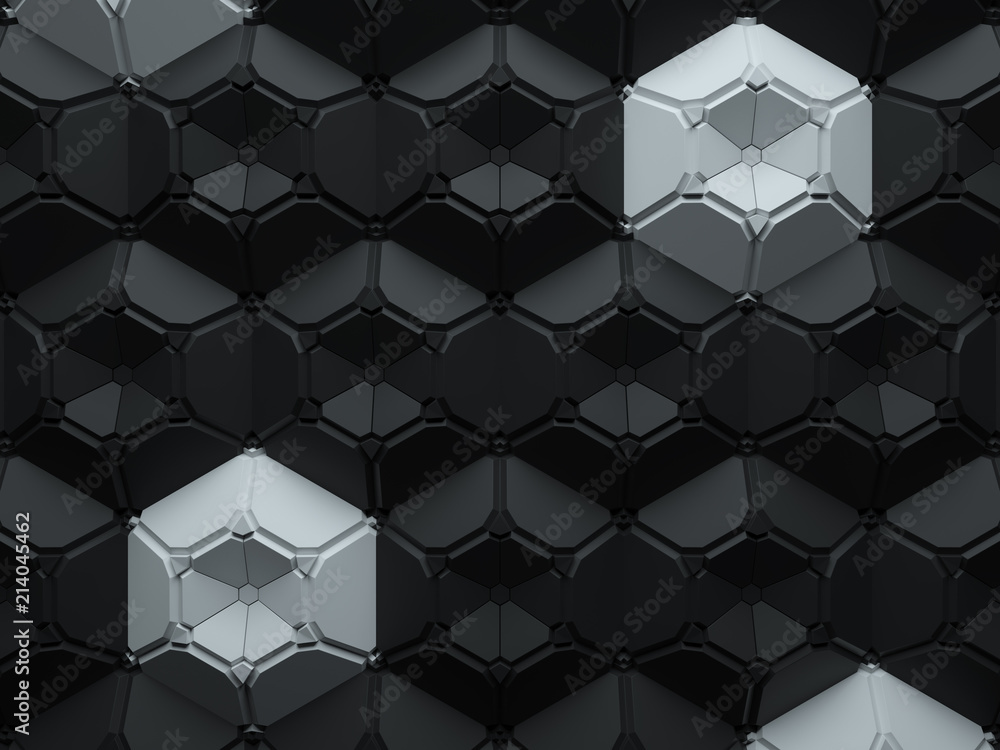 Poster 3d render abstract background made of repeatable hexagonal geometric shapes. Pattern ornament.
