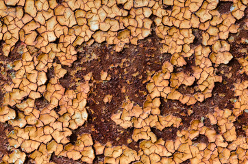 Rusty metal sheet with cracked paint. Texture of rust. Natural rusty background.