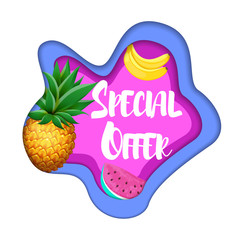 Paper cut layout SPECIAL OFFER Sale concept with realistic Pineapple, Watermelon and Banana fruit.