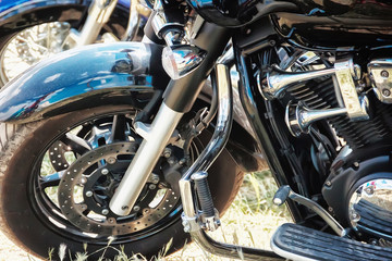 Fototapeta premium motorcycle bike, tuning details. Motorcycle, metal and chrome parts, beautiful background for poster, flyer,