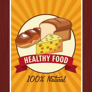 Healthy food poster with emblem and ribbon banner vector illustration graphic design