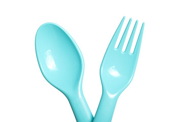 set of various plastic cutlery isolated