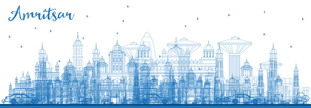 Outline Amritsar India City Skyline with Blue Buildings.