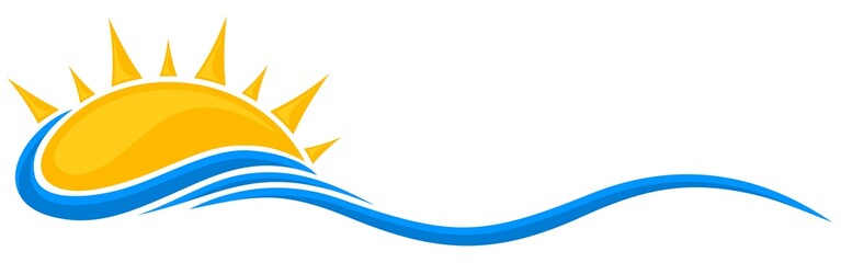 A symbol of dawn of the sun with a blue wave.
