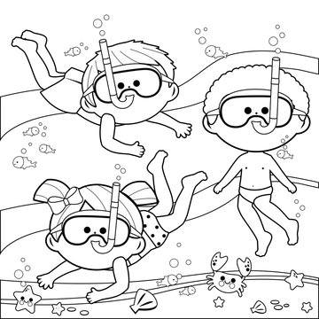 Children with diving masks swimming under the sea. Vector black and white coloring page.