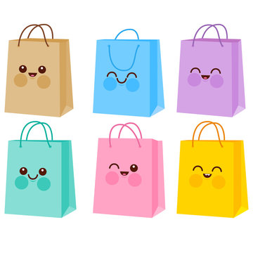 Cute shopping bag characters. Vector illustration set