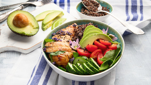 Healthy Bowl With Roasted Chicken And Quinoa.