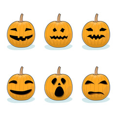 Set of Jack-o-Lantern on White Background, Carved Scary Pumpkins, Halloween Holiday , Vector Illustration