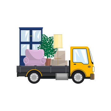 Yellow Freight Small Car is Transporting Furniture, Isolated on a White Background, Transportation and Cargo Delivery Services, Logistics,  Vector Illustration