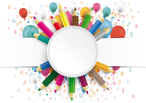 White Paper Banner Emblem Balloons Letters Colored Pencils