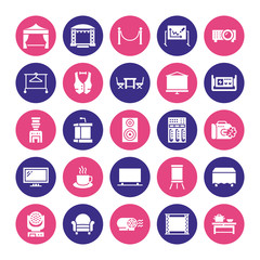 Event supplies flat glyph icons. Party equipment - stage constructions, visual projector, stanchion, flipchart, marquee. Signs for catering, commercial rental service. Solid silhouette pixel perfect