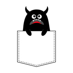 Black monster silhouette in the pocket. Holding hands. Cute cartoon scary funny character. Baby collection. T-shirt design. Eyes, horns, fangs. Happy Halloween. White background. Flat design.