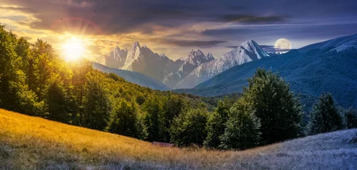 Foto auf Leinwand day and night composite of mountainous landscape © Pellinni