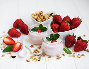 healthy breakfast, yogurt, fresh strawberries and granola