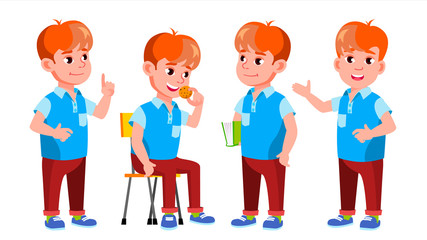 Boy Schoolboy Kid Poses Set Vector. Primary School Child. Funny Children. Junior. Lifestyle, Friendly. For Advertising, Booklet, Placard Design. Isolated Cartoon Illustration