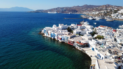 Obraz premium Aerial view of iconic colourful little Venice in old town of Mykonos island at sunset, Cyclades, Aegean, Greece