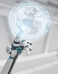 White robot hand using globe network hologram with America Usa map 3D rendering