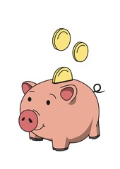 Pink piggy moneybox with coins. Saving money concept. Line colored vector illustration. Isolated on white background.