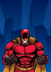 Illustration of raging superhero on city background with copy space for your text.  