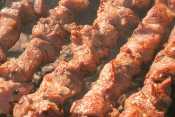 Appetizing juicy pork barbecue is roasted on skewers on top of charcoal grill. Pieces of meat close-up.