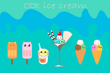 Cute cat ice cream cartoon character design for summer background or element decoration.