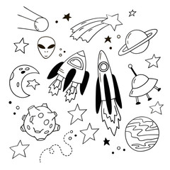 Set of lovely doodle icons. Hand-drawn rockets, planets and other cosmic elements. Black and white vector clipart.