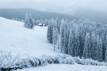 Winter landscape with houses in the mountains