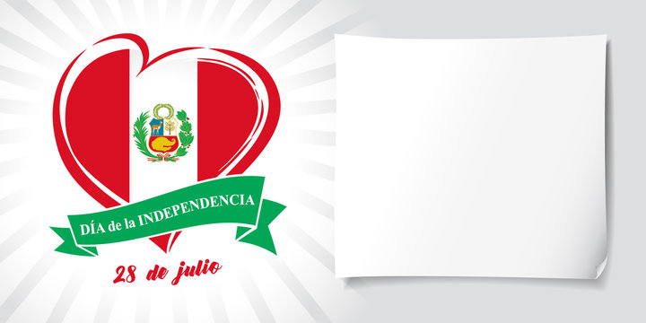 Love Peru poster with flag and spanish text Independence Day, 28 July. Peru Independence Day banner with heart in flag colors, green ribbon and white paper on beams background