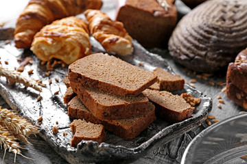 Different bakery products on table