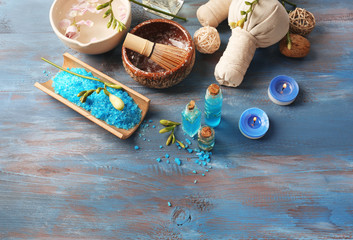 Beautiful spa composition on color wooden background