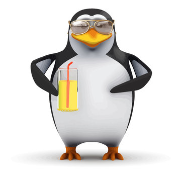 Vector 3d Funny cartoon penguin is drinking a nice cold glass of orange juice