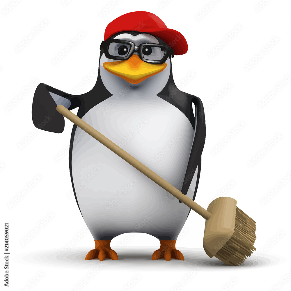 Poster vector 3d funny cartoon penguin in a baseball cap is sweeping up with a broom