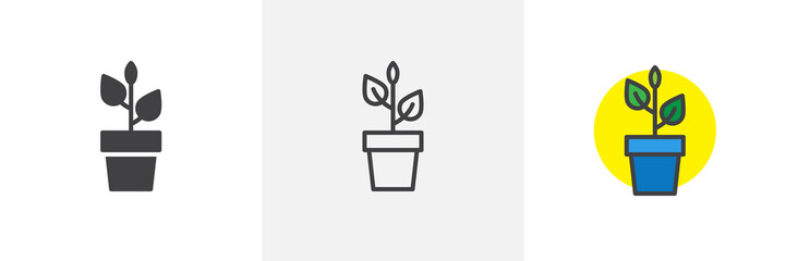 Plant in flower pot icon. Line, solid and filled outline colorful version, outline and filled vector sign. Home plant symbol, logo illustration. Different style icons set. Pixel perfect vector