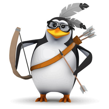 Vector 3d Native American penguin has bow and arrow