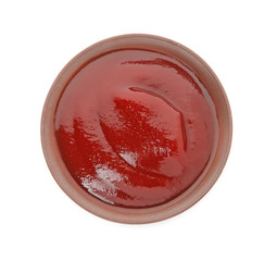 Bowl with bbq sauce on white background, top view