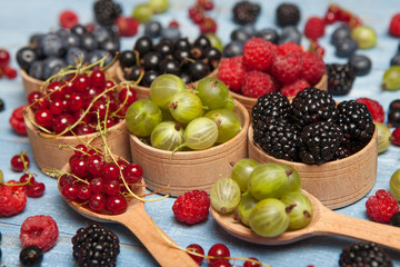 Various fresh summer berries. Top view. Berries mix fruit color food dessert
Berries.Antioxidants, detox diet, organic fruits.
