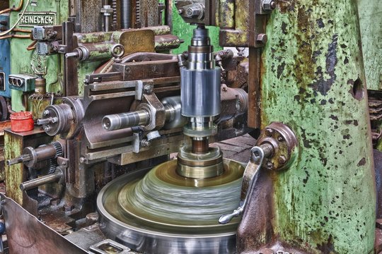 Old turning lathe, detail, in an old abandoned factory in Rijeka, Croatia, Europe