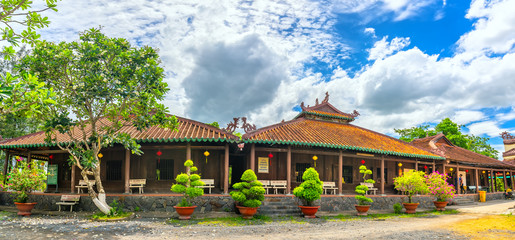 Long An, Vietnam - June 10th, 2018: Architectural beauty of the ancient temple in the countryside. Pagoda was built in 1808, recognized as a national cultural monument in 1997 in Long An, Vietnam