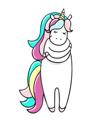 Cute little unicorn is cuddeling yourself. Vector isolated illustration