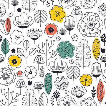 Summer flower seamless pattern. Linear graphic. florals background. Scandinavian style. Vector illustration