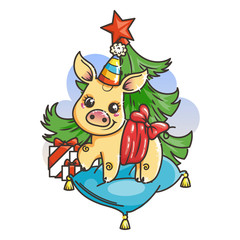 Happy New 2019 Year card with cartoon golden baby pig. Small symbol of holiday.