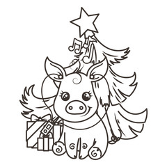 Happy New 2019 Year card with cartoon baby pig. Small symbol of holiday.