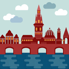 Fototapeta premium vector city european on coast with bridge houses tower of church