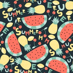 Seamless vector pattern with watermelon and pineapple. Summer stylish print.