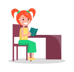 Redhead Girl Profile View Sits at Desk with Book