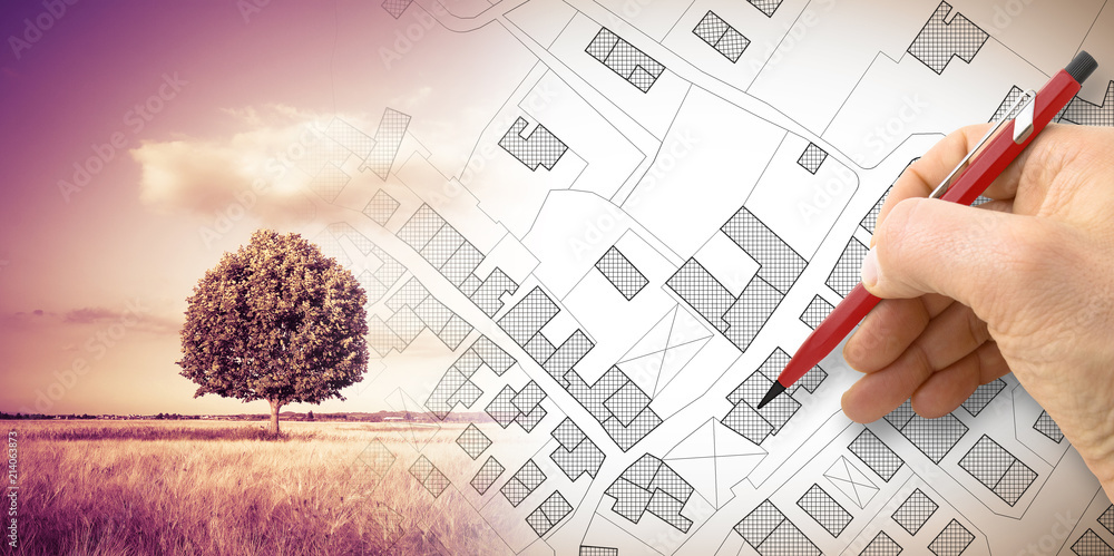 Poster hand drawing an imaginary cadastral map of territory with a tree on background -